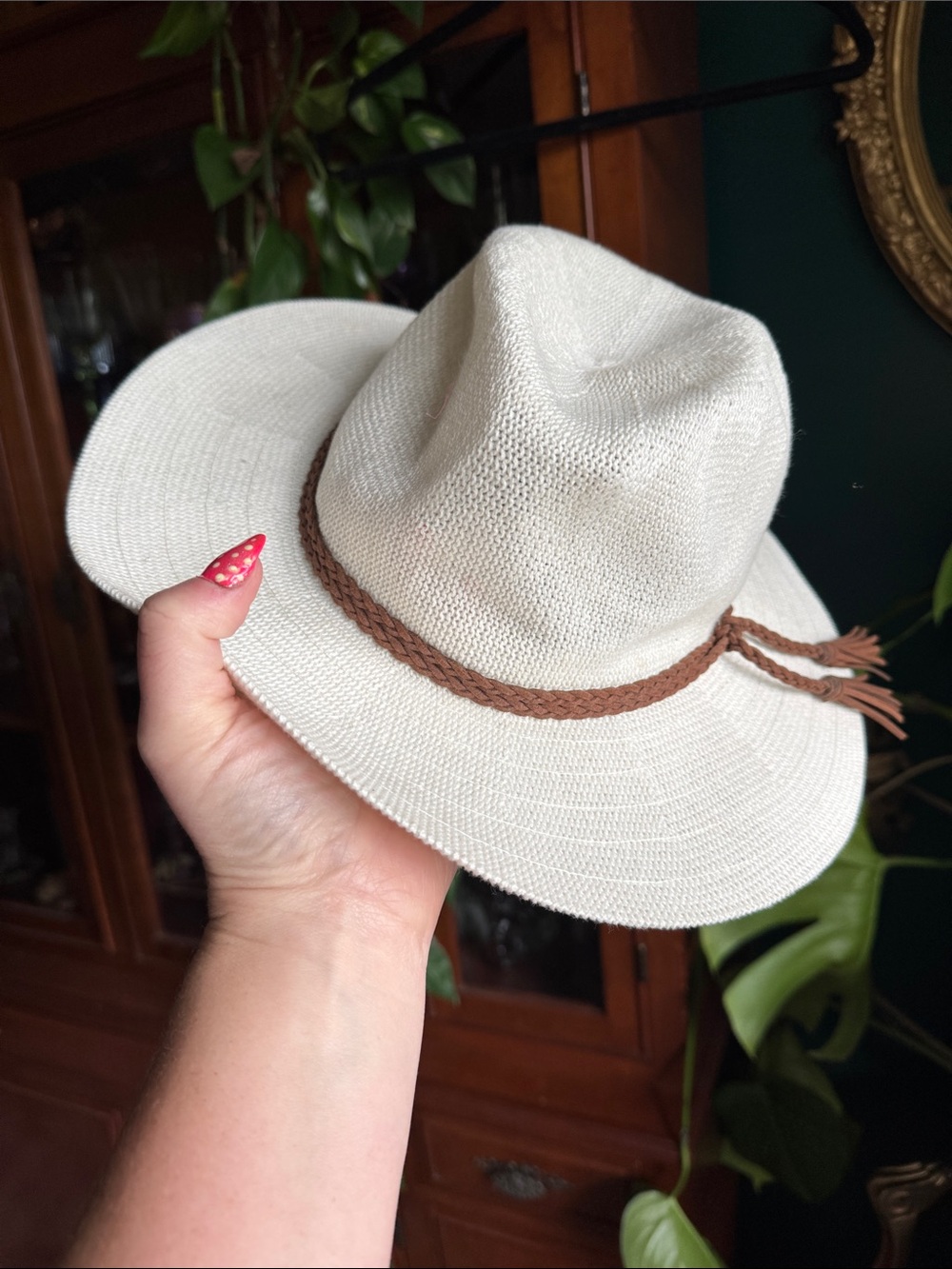 Time and Tru Cream Woven Fedora with Brown Braided Band